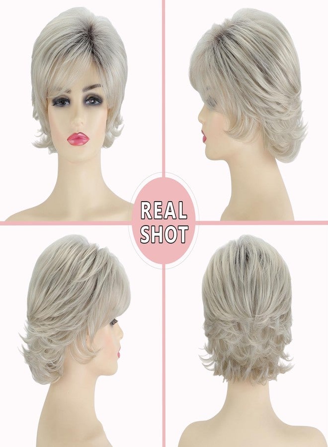 TISHINING Pixie Cut Short Ombre Silver Grey Curly Wigs for White Women Fluffy Layered Mixed Gray Wig with Bangs Natural Looking Synthetic Daily Party Wig - Image 2